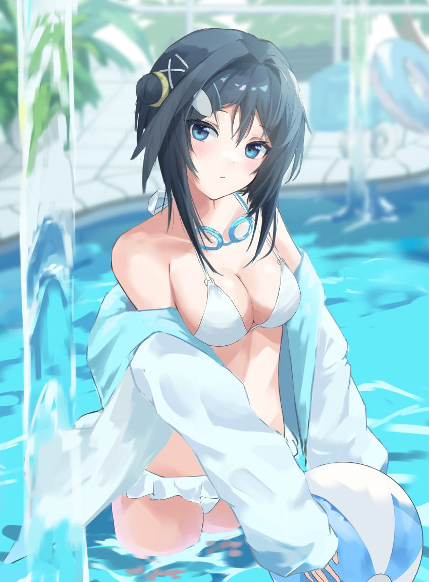 1girl absurdres arknights ball bare_shoulders beachball bikini black_hair blue_eyes blurry blurry_background breasts cleavage commentary_request goggles goggles_around_neck hair_between_eyes head_tilt highres holding holding_ball jacket la_pluma_(arknights) la_pluma_(summer_flowers)_(arknights) large_breasts long_hair long_sleeves looking_at_viewer nekomatamago off_shoulder open_clothes open_jacket pool solo standing stomach swimsuit wading water white_bikini white_jacket