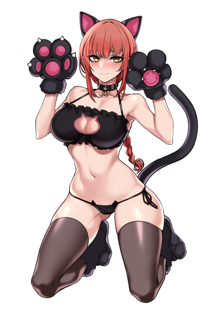 1girl absurdres animal_ears animal_hands black_bra black_collar black_footwear black_gloves black_panties black_thighhighs blush bra braid braided_ponytail breasts cat_cutout cat_ear_panties cat_ears cat_lingerie cat_tail chainsaw_man cleavage cleavage_cutout closed_mouth clothing_cutout collar commentary_request dogs_(dlrkdejr26) frilled_bra frills full_body gloves halterneck highres kneeling korean_commentary large_breasts lock long_hair looking_at_viewer makima_(chainsaw_man) meme_attire mixed-language_commentary navel padlock padlocked_collar panties paw_gloves paw_pose paw_shoes red_hair ringed_eyes side-tie_panties simple_background smile solo string_panties tail thighhighs underwear underwear_only white_background yellow_eyes