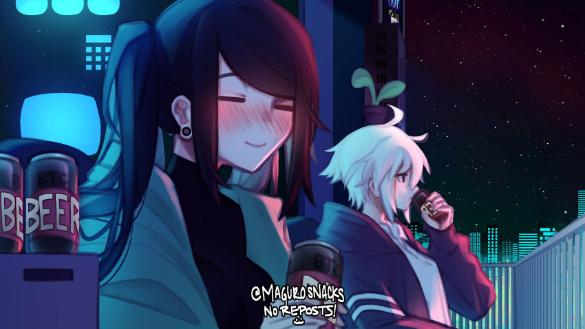 2girls absurdres alcohol beer beer_can blush can cityscape closed_eyes cyberpunk dana_zane drink drinking drunk earrings english_text highres holding holding_drink jewelry jill_stingray long_hair magurosnacks multiple_girls night night_sky purple_hair short_hair sky star_(sky) starry_sky va-11_hall-a white_hair