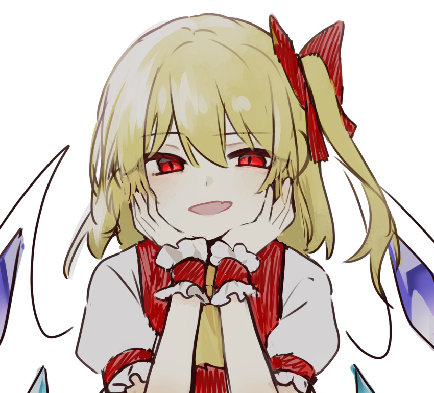 ascot blonde_hair eyelashes eyeliner fang flandre_day flandre_scarlet frilled_sleeves frilled_wristband frills hair_between_eyes hair_ornament hair_ribbon hands_on_own_cheeks hands_on_own_face head_rest highres looking_at_viewer makeup open_mouth red_ascot ribbon short_hair short_sleeves side_ponytail sidelocks simple_background suikario touhou white_background wings