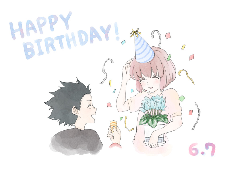 1boy 1girl aged_down black_hair black_shirt blue_flower brown_hair closed_eyes english_text flower happy_birthday hat highres holding ishida_shouya koe_no_katachi nishimiya_shouko open_mouth party_hat party_popper pink_shirt plant potted_plant shirt short_hair simple_background smile spiked_hair tozawa_(shibungi_21) white_background