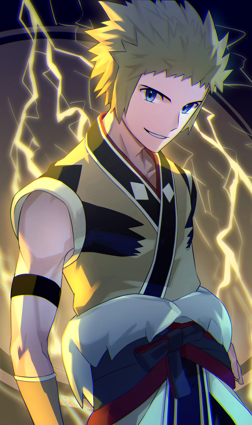 1boy absurdres armband blonde_hair blue_eyes commentary_request electricity hand_on_hip highres jacket male_focus natupath_summer official_alternate_costume parted_lips pokemon pokemon_(game) pokemon_masters_ex short_hair smile solo spiked_hair upper_body volkner_(new_year's_2022)_(pokemon) volkner_(pokemon) yellow_jacket