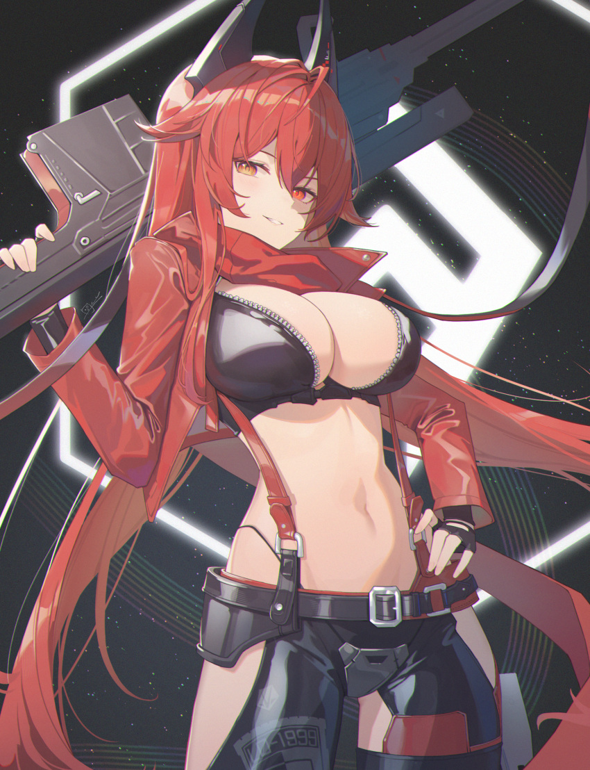 1girl black_background black_gloves black_jacket black_pants breasts cleavage commentary cowboy_shot cropped_jacket crotch_plate fingerless_gloves gloves goddess_of_victory:_nikke gun hair_between_eyes hand_on_own_hip highres hip_vent holding holding_gun holding_weapon horns jacket large_breasts leather leather_jacket leather_pants long_hair long_sleeves looking_at_viewer mechanical_horns meo_(1271884559) navel open_clothes open_jacket over_shoulder pants parted_lips red_hair red_hood_(nikke) red_scarf rifle scarf sidelocks smile sniper_rifle solo standing stomach suspenders unzipped weapon weapon_over_shoulder yellow_eyes