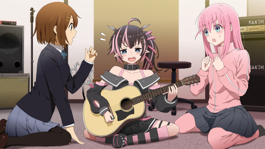 3girls acoustic_guitar ahoge amplifier belt belt_collar black_belt black_footwear black_hair black_jacket black_pantyhose black_skirt black_sleeves blue_eyes blush bocchi_the_rock! bra brown_eyes brown_hair collar commentary crossover demon_girl demon_horns demon_tail detached_sleeves fangs flat_chest flower flying_sweatdrops full_body gotoh_hitori grey_horns grey_skirt guitar hair_between_eyes hair_flower hair_ornament hair_ribbon highres hirasawa_yui holding holding_instrument horns indian_style indoors instrument jacket k-on! long_hair long_sleeves looking_at_another medium_bangs microphone_stand multicolored_hair multiple_crossover multiple_girls music nanashi_inc. off_shoulder oinomori_may one_side_up open_clothes open_jacket open_mouth pants pants_under_skirt pantyhose pink_bra pink_hair pink_jacket pink_pants pink_ribbon pink_socks playing_instrument pleated_skirt plectrum pointy_ears ribbon sakuragaoka_high_school_uniform school_uniform shoes short_hair sitting skirt sleeveless sleeveless_jacket socks speaker stool studded_footwear tail track_jacket track_pants two-tone_hair ucbjw5p6zb79750 underwear virtual_youtuber