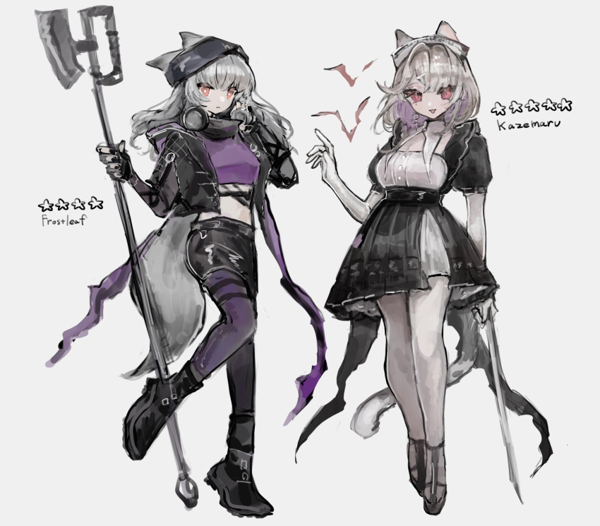 2girls animal_ears arknights axe beanie black_dress black_footwear black_headwear black_jacket black_shorts breasts bright_pupils cat_ears cat_girl cat_tail cleavage commentary_request crop_top cropped_jacket detached_collar dress flower fox_ears fox_girl fox_tail frostleaf_(arknights) frostleaf_(breaking_the_ice)_(arknights) hand_up hat headphones headphones_around_neck highres holding holding_axe holding_sword holding_weapon jacket kazemaru_(arknights) kazemaru_(like_illusion)_(arknights) maid maid_headdress multiple_girls official_alternate_costume pantyhose pantyhose_under_shorts pomopomoinu purple_pantyhose purple_shirt red_eyes shirt shorts simple_background sword tail weapon white_background white_pupils