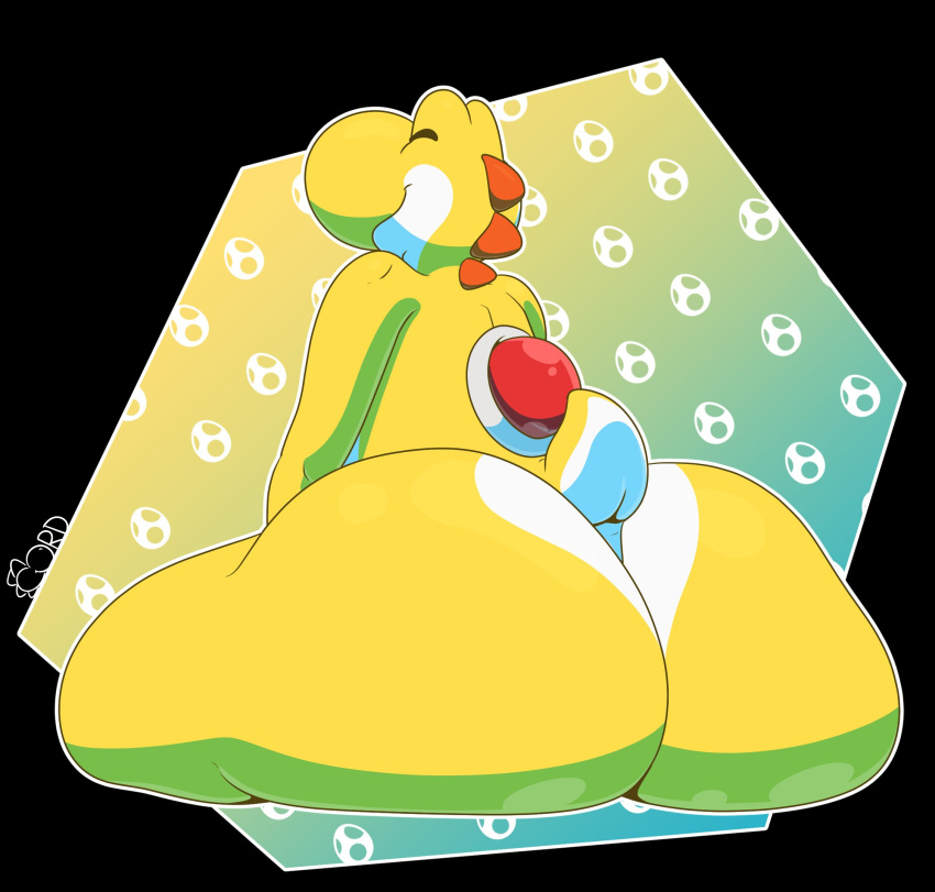 2022 ambiguous_gender anthro big_butt biped butt digital_media_(artwork) hi_res huge_butt hyper hyper_butt mario_bros nintendo nude rear_view simple_background sitting smile solo thelewdshi thick_thighs wide_hips yellow_yoshi yoshi