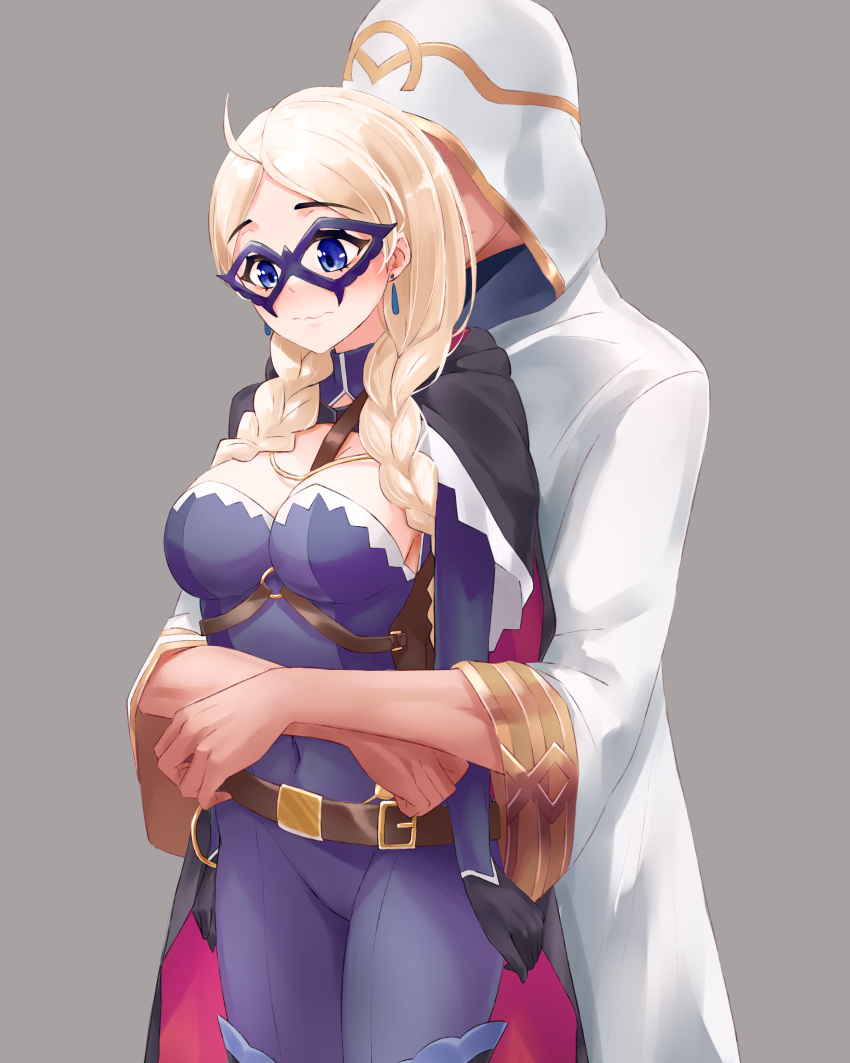 1boy 1girl absurdres ahoge black_gloves blue_bodysuit blue_eyes blush bodysuit braid breasts cape chain chest_harness cleavage closed_mouth commission commissioner_upload couple covered_navel crystal_earrings earrings eye_mask faceless faceless_male fire_emblem fire_emblem_fates fire_emblem_heroes gloves gold_chain harness hetero highres hood hooded_cape hug hug_from_behind jewelry kiran_(fire_emblem) kiran_(male)_(fire_emblem) leather_belt long_hair low_twin_braids medium_breasts mi_nyawn3 nina_(fire_emblem) nina_(thief)_(fire_emblem) non-web_source o-ring official_alternate_costume parted_bangs skin_tight turtleneck twin_braids two-tone_cape white_hair