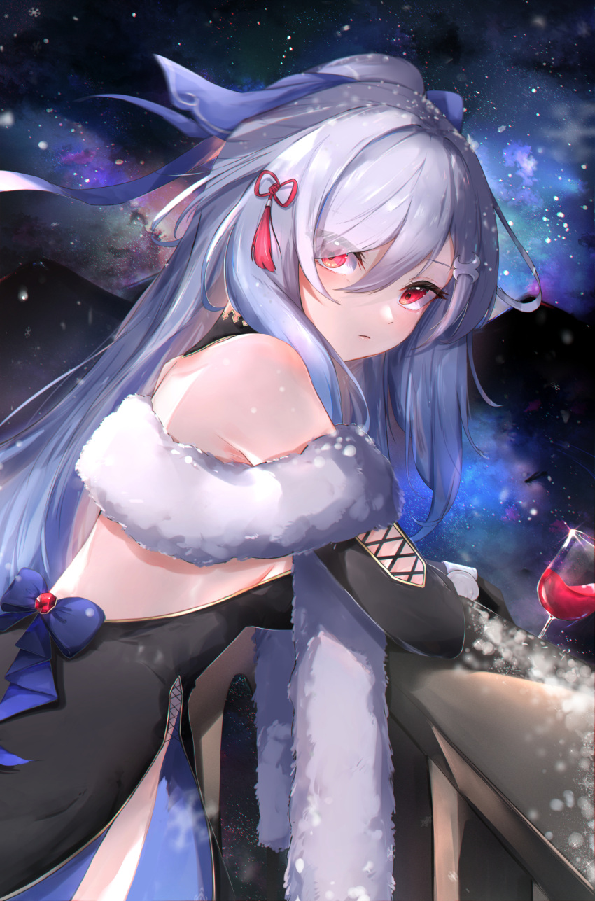 1girl against_railing alternate_costume backless_dress backless_outfit bare_back bare_shoulders black_gloves closed_mouth cup detached_sleeves dress drinking_glass elphe fur_collar gloves high_ponytail highres honkai:_star_rail honkai_(series) jingliu_(honkai:_star_rail) long_hair looking_at_viewer night night_sky ponytail railing red_eyes red_wine sky solo strapless strapless_dress white_hair wine_glass