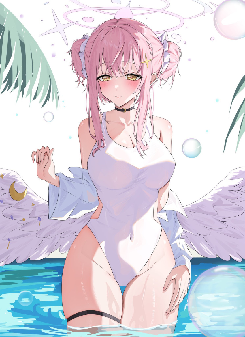 1girl angel_wings blue_archive halo highres long_hair looking_at_viewer mika_(blue_archive) nenight one-piece_swimsuit pink_hair solo swimsuit thighs white_one-piece_swimsuit white_swimsuit white_wings wings yellow_eyes