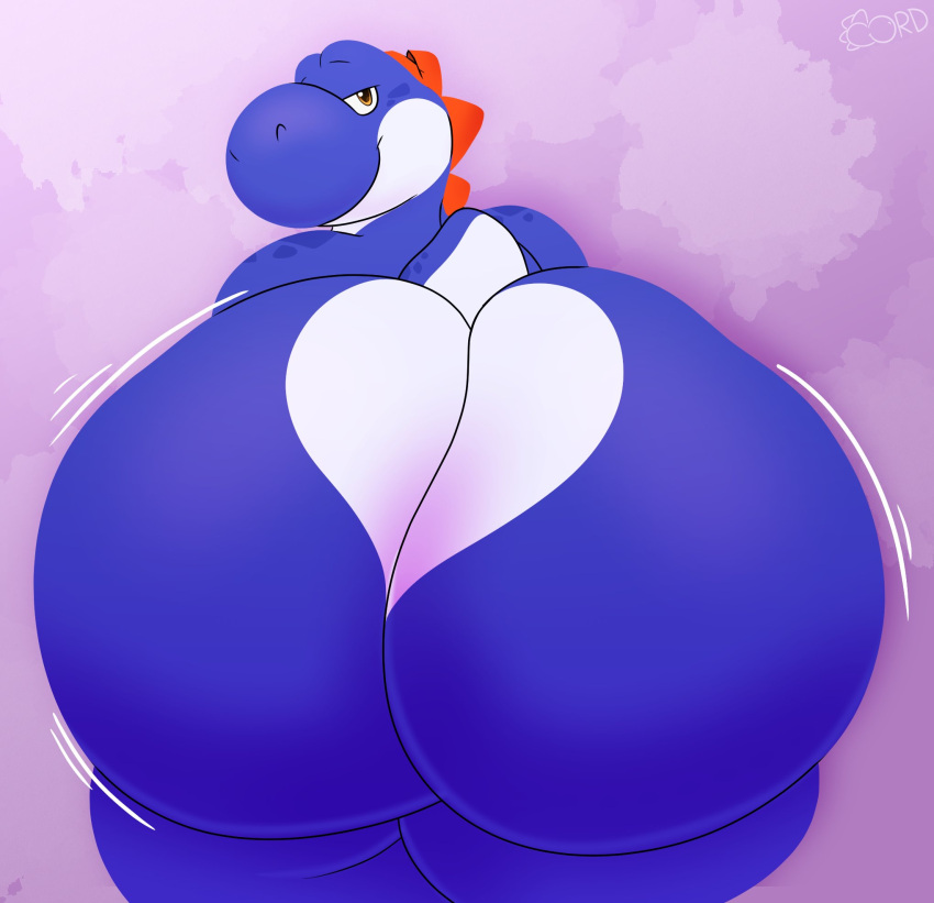 2022 anthro big_butt biped blue_yoshi butt digital_media_(artwork) hi_res huge_butt hyper hyper_butt looking_at_viewer looking_back male mario_bros narrowed_eyes nintendo nude rear_view simple_background smile solo thelewdshi thick_thighs wide_hips yoshi