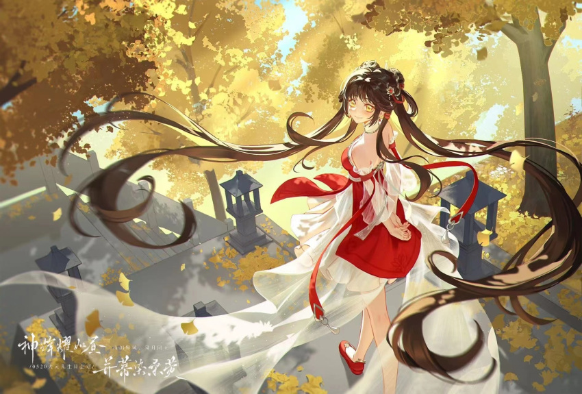 1girl arms_behind_back backless_dress backless_outfit bare_legs brown_hair closed_mouth double_bun dress female_child hair_bun hair_ornament hair_rings highres huo_linger_(wanmei_shijie) light_rays long_hair naglus red_dress red_footwear smile solo temple tree very_long_hair wanmei_shijie watching yellow_eyes