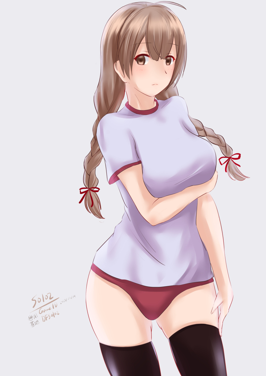 01021235 1girl absurdres alternate_costume artist_name black_theme braid breasts brown_eyes brown_hair buruma dated highres kantai_collection large_breasts red_buruma shinshuu_maru_(kancolle) shirt short_sleeves solo twin_braids white_shirt