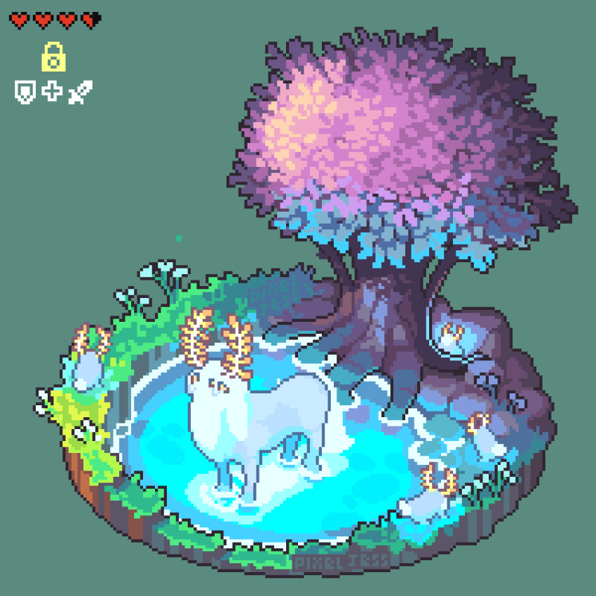 animated animated_gif antlers artist_name blupee drinking flower gameplay_mechanics glowing grass green_background health_bar heart highres lord_of_the_mountain no_humans pixel_heart pixel_jess plant pond rock simple_background sparkle the_legend_of_zelda the_legend_of_zelda:_breath_of_the_wild tree water yellow_eyes