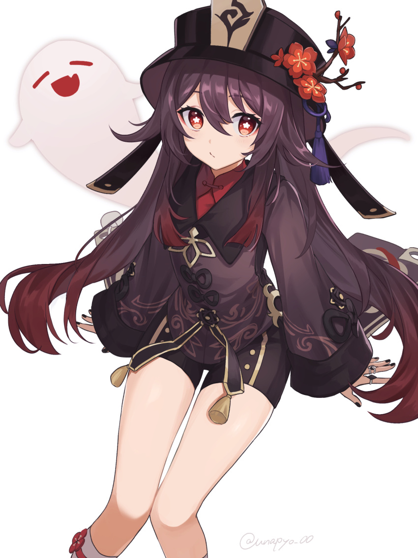 1girl black_nails black_shorts boo_tao_(genshin_impact) brown_hair closed_eyes genshin_impact ghost gradient_hair hat highres hu_tao_(genshin_impact) jewelry legs long_hair long_sleeves looking_at_viewer multicolored_hair nail_polish open_mouth red_eyes red_hair ring shorts simple_background sleeves_past_wrists smile socks solo star-shaped_pupils star_(symbol) symbol-shaped_pupils top_hat twintails twitter_username two-tone_hair unapoppo very_long_hair white_background wide_sleeves