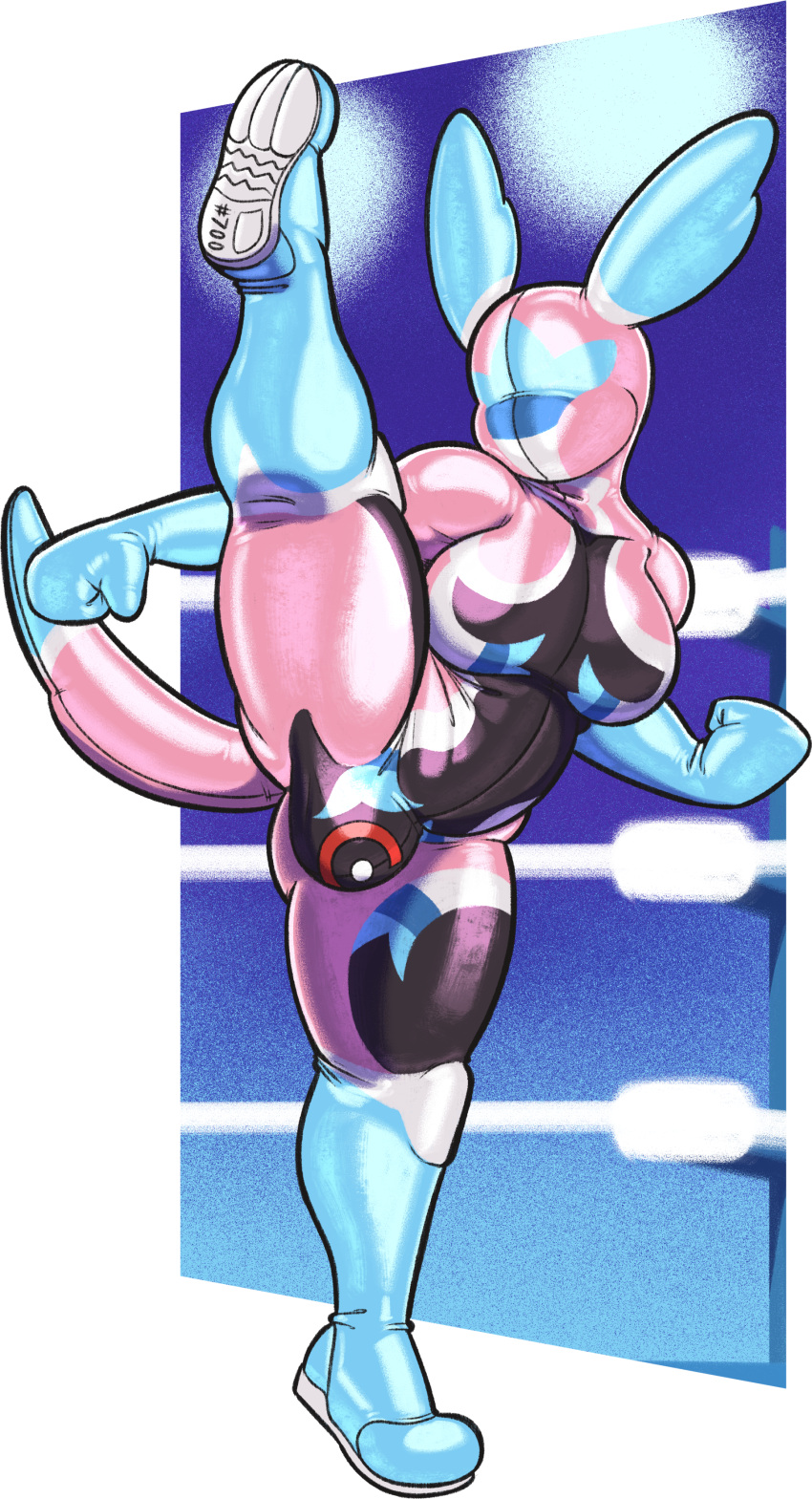 2023 absurd_res anthro bulge clothing dcheese digital_media_(artwork) eeveelution female fighting_ring generation_6_pokemon gynomorph hi_res intersex libredrone living_latex nintendo null_face pokemon pokemon_(species) rubber rubber_clothing rubber_suit solo sylveon wrestler