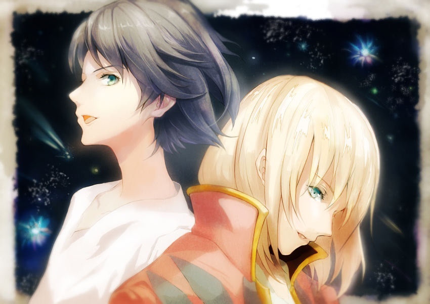 2boys absurdres black_hair blonde_hair gold_trim green_eyes highres howl_(howl_no_ugoku_shiro) howl_no_ugoku_shiro jacket male_focus multiple_boys open_clothes open_jacket open_mouth red_jacket shirt short_hair smile star_(sky) touchika white_shirt