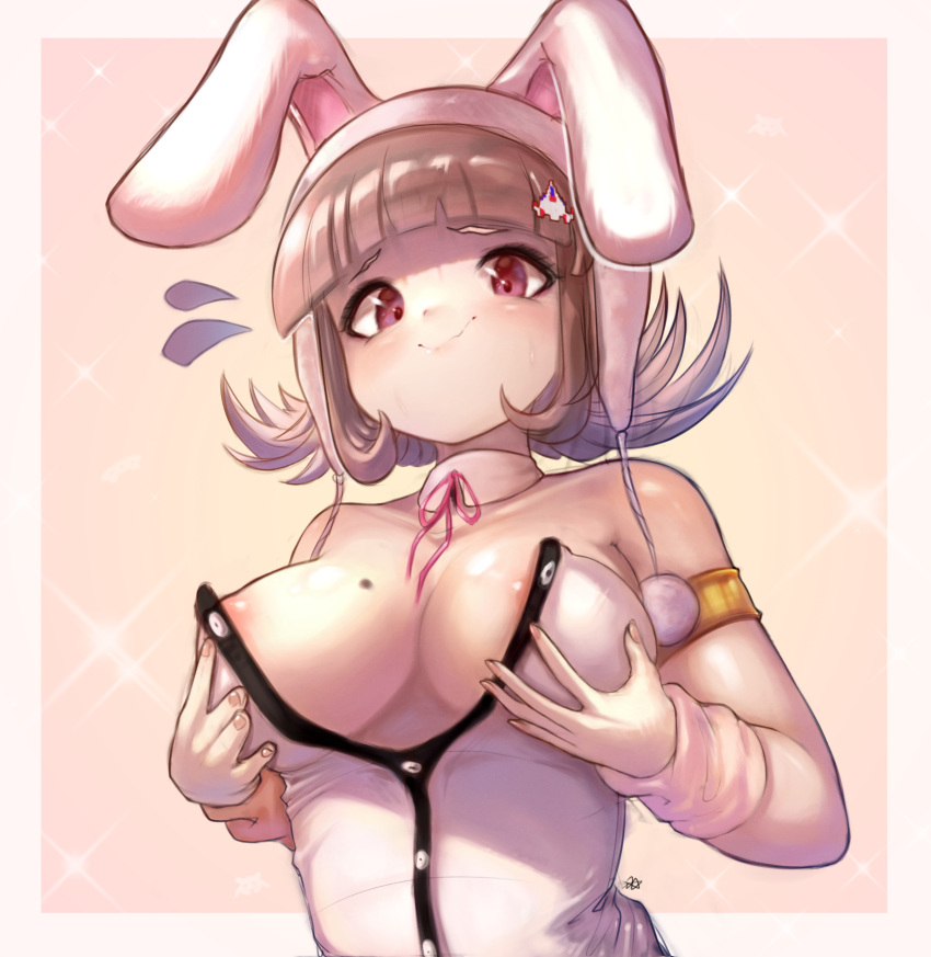 1girl absurdres animal_ears armlet black_leotard blunt_bangs border breasts brown_background brown_hair cleavage closed_mouth danganronpa_(series) danganronpa_2:_goodbye_despair galaga hair_ornament hands_on_own_breasts highres large_breasts leotard medium_hair mole mole_on_breast nanami_chiaki nipples official_alternate_costume onimiere pink_eyes playboy_bunny rabbit_ears smile solo two-tone_leotard upper_body white_border white_leotard