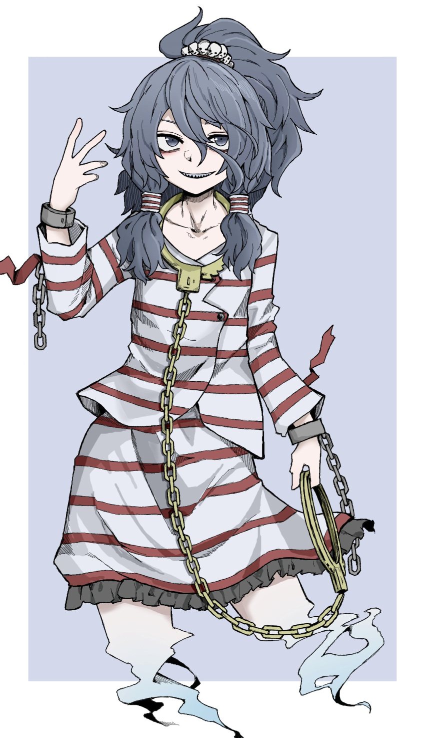 1girl :d absurdres collarbone cuffs dress fe_(tetsu) flat_chest ghost_tail grey_background grey_eyes grey_hair hair_between_eyes hand_up high_ponytail highres holding long_hair looking_at_viewer open_mouth prison_clothes shackles sharp_teeth simple_background smile solo striped striped_dress teeth touhou
