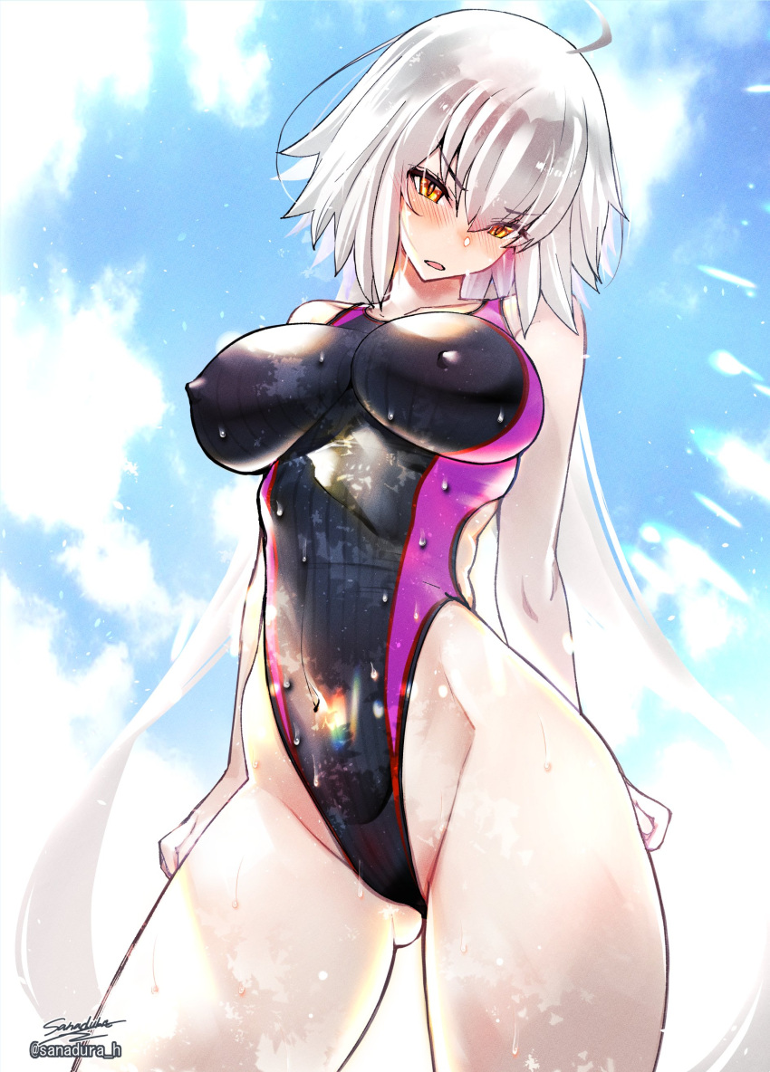 1girl absurdres ahoge ass_visible_through_thighs black_one-piece_swimsuit blue_sky breasts cloud competition_swimsuit covered_nipples cowboy_shot day fate/grand_order fate_(series) grey_hair highleg highleg_swimsuit highres jeanne_d'arc_alter_(avenger)_(fate) jeanne_d'arc_alter_(fate) large_breasts long_hair looking_down one-piece_swimsuit sanazura_hiroyuki sky solo standing swimsuit variant_set very_long_hair wet wet_clothes wet_swimsuit yellow_eyes