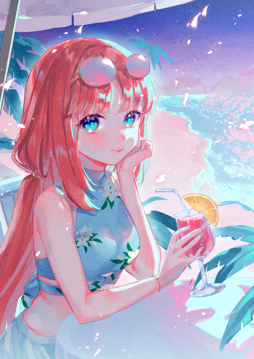 1girl absurdres beach blue_eyes blue_nails blunt_bangs blush bracelet closed_mouth cocktail_glass crop_top cup drink drinking_glass drinking_straw evening eyewear_on_head floral_print food fruit genshin_impact hand_on_own_chin harushio head_rest highres holding holding_drink jewelry lips long_hair low-tied_long_hair midriff nail_polish nilou_(genshin_impact) ocean orange_(fruit) orange_hair orange_slice outdoors print_shirt shirt skirt sleeveless sleeveless_shirt smile solo sunglasses white_skirt