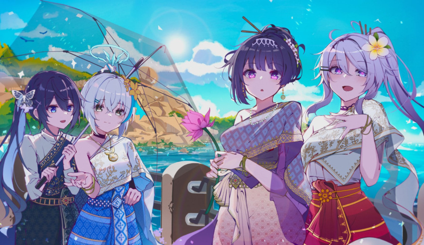 4girls :o ahoge alternate_costume alternate_hairstyle bird blue_sky bracelet bronya_zaychik bronya_zaychik_(herrscher_of_truth) closed_mouth colored_inner_hair earrings flower gradient_hair grey_eyes halo happy high_ponytail highres holding holding_flower holding_umbrella homu_(honkai_impact) honkai_(series) honkai_impact_3rd jewelry kaya_(tyhk7874) kiana_kaslana kiana_kaslana_(herrscher_of_finality) looking_at_another looking_at_viewer multicolored_hair multiple_girls ocean open_mouth outdoors purple_eyes raiden_mei raiden_mei_(herrscher_of_origin) seele_vollerei seele_vollerei_(herrscher_of_rebirth) side_ponytail sky smile streaked_hair umbrella upper_body white_flower white_hair