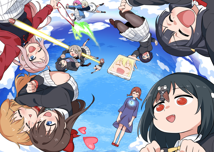 6+girls @_@ absurdres airborne asaka_karin black_hair blonde_hair brown_hair bug bullet cellphone cicada commentary cover cover_page doujin_cover emma_verde falling fang firing hanging_on highres holding_hands hover_board insect_on_head interlocked_fingers kemonomimi_mode koaraya konoe_kanata light_brown_hair long_hair love_live! love_live!_nijigasaki_high_school_idol_club mia_taylor mifune_shioriko miniskirt miyashita_ai multiple_girls nakasu_kasumi nijigasaki_academy_school_uniform ousaka_shizuku phone pink_hair plaid plaid_skirt reaching_towards_viewer riding school_uniform short_hair skirt skydive smartphone takasaki_yuu tennouji_rina textless_version uehara_ayumu upside-down white_skirt winter_uniform yuuki_setsuna_(love_live!) zhong_lanzhu