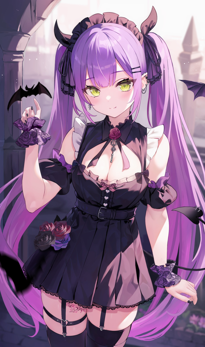 1girl aria_(ariacue) arm_strap bat_(animal) black_dress black_flower black_nails black_ribbon black_rose blurry blurry_foreground breasts cleavage cleavage_cutout clothing_cutout cowboy_shot demon_tail dress ear_piercing earrings fang fang_out flower garter_straps green_eyes hair_ribbon highres hololive jewelry long_hair looking_at_viewer maid_headdress medium_breasts mismatched_earrings nail_polish neck_ribbon piercing pleated_dress purple_flower purple_hair purple_rose red_flower red_rose ribbon rose short_dress skindentation sleeveless sleeveless_dress solo standing tail tokoyami_towa twintails very_long_hair virtual_youtuber wrist_cuffs zettai_ryouiki