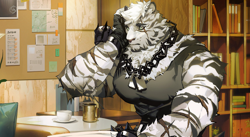 1boy absurdres animal_ears arknights bandaged_hand bandages bara black_tank_top blue_eyes chain_necklace covered_abs cropped facial_hair furry furry_male goatee highres jewelry large_pectorals looking_to_the_side male_focus mountain_(arknights) muscular muscular_male nanase_miri necklace pants pectorals scar scar_on_arm short_hair sitting solo tank_top tiger_boy tiger_ears white_fur white_pants