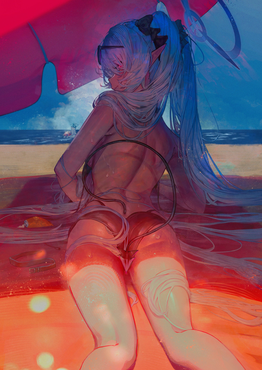 2girls absurdres ass back bare_shoulders beach beach_umbrella betabeet bikini black_bikini blue_archive blush breasts cloud dark-skinned_female dark_skin day demon_tail english_commentary eyewear_on_head from_behind grey_hair halo highres iori_(blue_archive) iori_(swimsuit)_(blue_archive) long_hair looking_at_viewer looking_back lotion lying multiple_girls navel ocean on_stomach outdoors paid_reward_available pointy_ears sand shiroko_(blue_archive) shiroko_terror_(blue_archive) sky solo_focus string_bikini sunglasses sunscreen swimsuit tail thighs twintails umbrella very_long_hair water