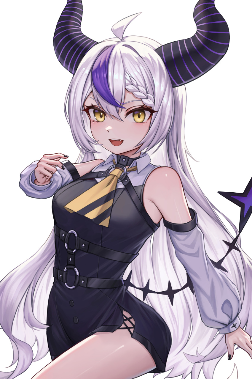 1girl absurdres ahaha_kun ahoge bare_shoulders black_horns black_nails braid braided_bangs detached_sleeves grey_hair highres hololive horns la+_darknesss la+_darknesss_(1st_costume) long_hair looking_at_viewer multicolored_hair pointy_ears purple_hair simple_background streaked_hair striped_horns teeth upper_teeth_only virtual_youtuber white_background yellow_eyes