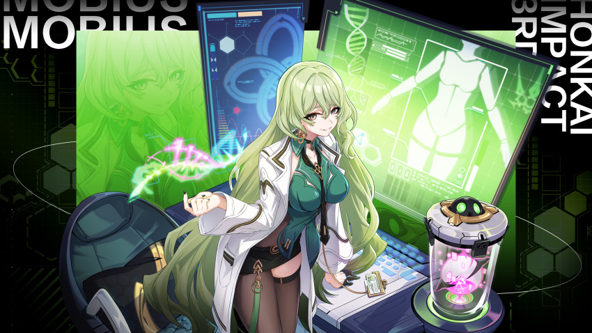 1girl a-pose black_nails black_skirt breasts chair character_name chinese_commentary choker dna earrings english_text evil_smile gloves green_eyes green_hair highres honkai_(series) honkai_impact_3rd id_card jewelry labcoat large_breasts leggings long_hair looking_back mobius_(honkai_impact) official_art official_wallpaper panels pillow single_earring single_glove skirt smile solo test_tube very_long_hair