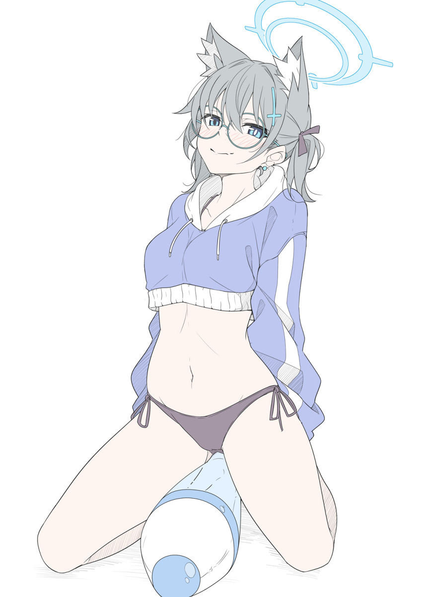 1girl animal_ear_fluff animal_ears bespectacled bikini black-framed_eyewear black_bikini blue_archive blue_hoodie blush breasts commentary cosplay cropped_hoodie extra_ears glasses grey_hair halo highres hood hoodie kneeling masabodo medium_breasts moe_(blue_archive) moe_(blue_archive)_(cosplay) moe_(swimsuit)_(blue_archive) navel shiroko_(blue_archive) side-tie_bikini_bottom simple_background smile solo stomach swimsuit symbol-only_commentary twintails white_background wolf_ears