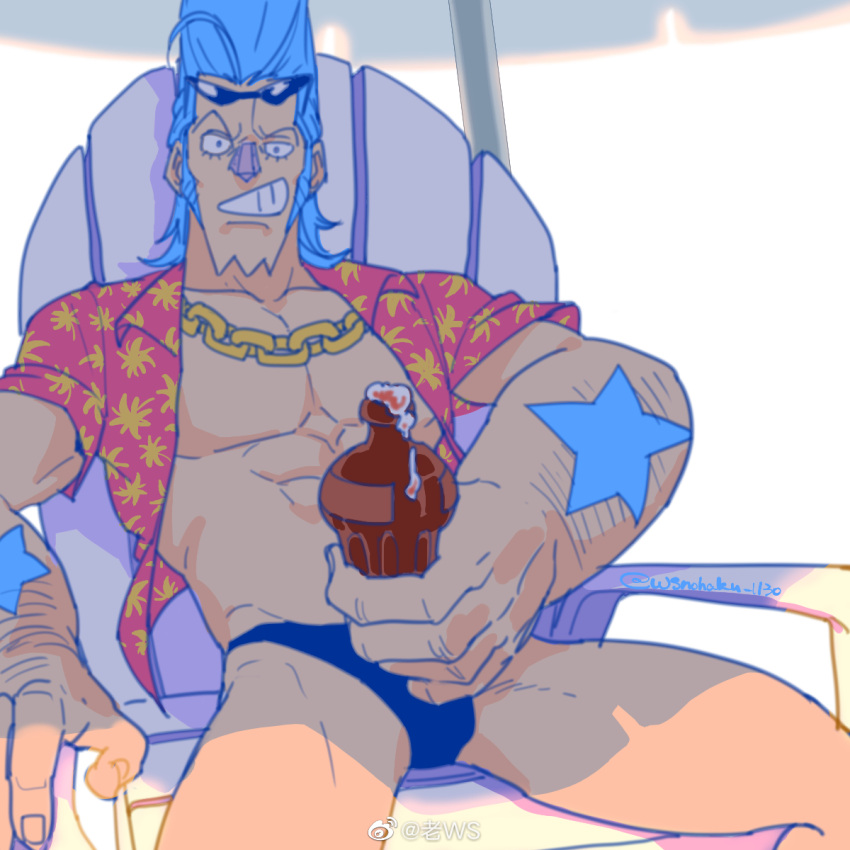 1boy abs arm_hair bara bare_back beckoning blue_hair blue_male_swimwear chain_necklace cola eyewear_on_head feet_out_of_frame foam franky_(one_piece) grin hawaiian_shirt highres jewelry killuaz1130 large_hands large_pectorals male_focus male_swimwear manspreading muscular muscular_male necklace one_piece open_clothes open_shirt oversized_forearms oversized_limbs pectorals raised_eyebrow shirt sitting smile solo sunglasses swim_briefs thighs