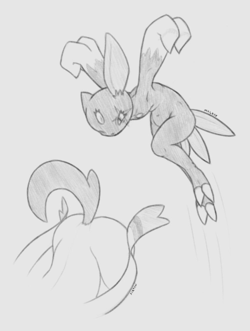 2023 2_claws 2_toes 3_tails absurd_res action_pose ambiguous_gender anthro bent_over butt claws digital_drawing_(artwork) digital_media_(artwork) duo eeveelution feet feral gem generation_2_pokemon generation_6_pokemon greyscale hi_res jumping looking_at_another male_(lore) mklxiv monochrome motion_lines multi_tail navel nintendo pokemon pokemon_(species) pose presenting presenting_hindquarters ribbons_(anatomy) signature sketch sneasel sylveon tail toes