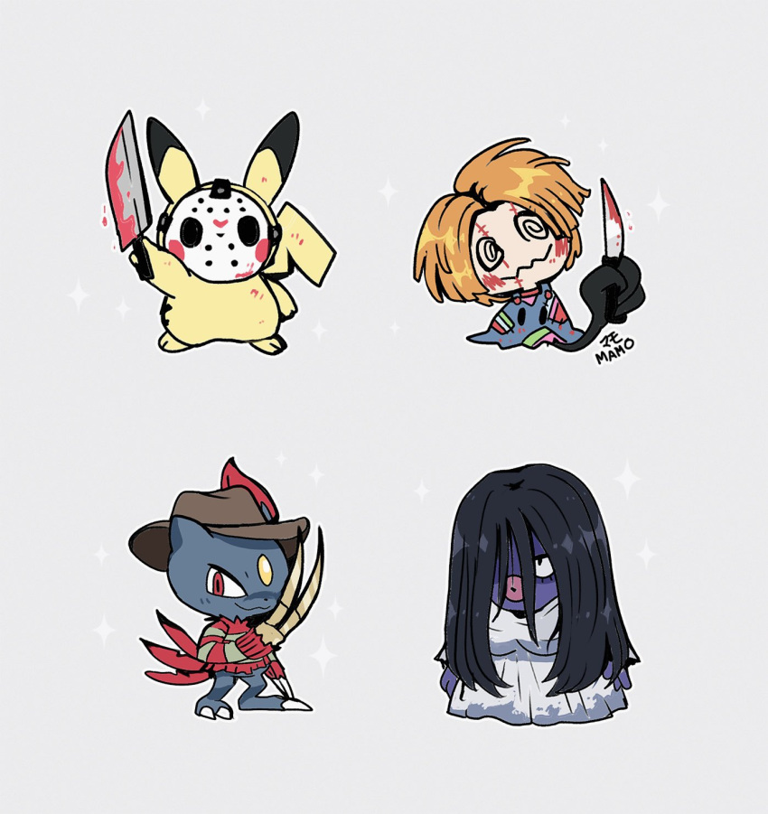 1girl 3boys a_nightmare_on_elm_street child's_play chucky chucky_(cosplay) cosplay freddy_krueger freddy_krueger_(cosplay) friday_the_13th grey_background highres jason_voorhees jason_voorhees_(cosplay) jynx mamobot mimikyu multiple_boys no_humans pikachu pokemon simple_background sneasel the_ring yamamura_sadako yamamura_sadako_(cosplay)