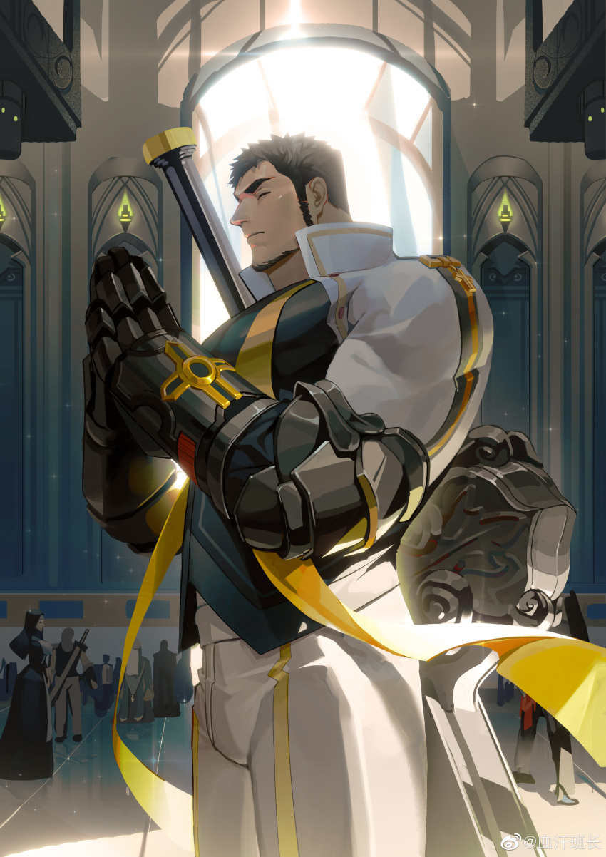 1boy absurdres bara beard black_hair bulge church closed_eyes closed_mouth cropped_jacket crowd dungeon_and_fighter facial_hair from_side gauntlets highres huge_weapon large_pectorals male_focus male_priest_(dungeon_and_fighter) mature_male muscular muscular_male my_eight own_hands_together pants pectorals praying short_hair solo standing sunlight sword sword_behind_back thick_eyebrows thick_thighs thighs traditional_nun weapon window