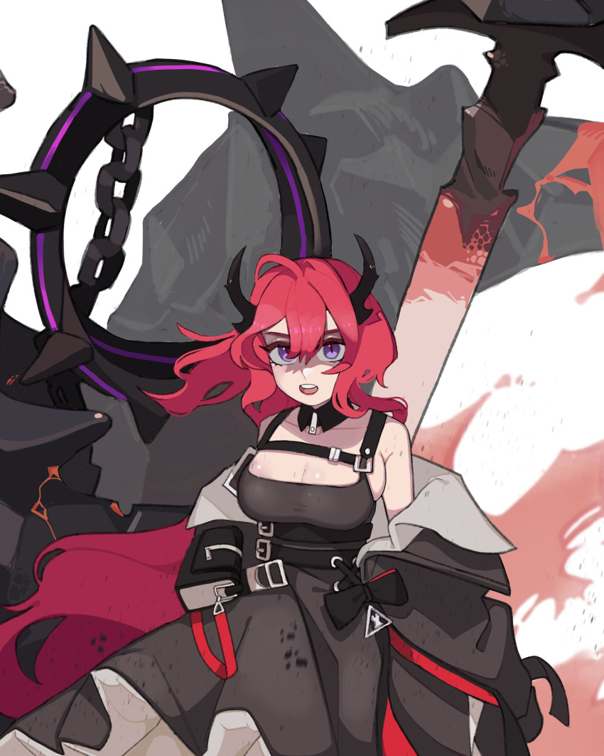 1girl arknights bare_shoulders bbizim03 black_dress black_jacket breasts chain chest_strap cleavage dress hair_between_eyes highres horns jacket large_breasts long_hair looking_at_viewer off_shoulder open_clothes open_jacket open_mouth purple_eyes red_hair simple_background solo surtr_(arknights) sword very_long_hair weapon white_background