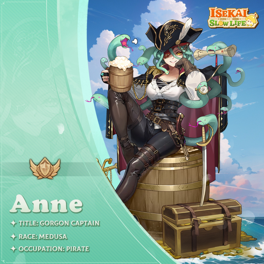 1girl 6+others animal anne_(isekai:_slow_life) artist_request beer_mug belt black_belt black_coat black_corset black_headwear black_pants blue_gemstone blue_sky boots breasts brown_belt brown_footwear brown_gloves character_name character_profile cloud coat coin colored_eyepatch colored_text compass corset cup eyepatch foam foot_up gem gloves green_eyes green_hair gun hand_on_own_cheek hand_on_own_face hands_up hat holding holding_cup isekai:_slow_life jewelry knee_up long_sleeves looking_at_viewer map medium_breasts monster_girl mug multiple_others object_request ocean official_art one_eye_closed open_mouth open_smile outdoors pants partially_fingerless_gloves pirate pirate_hat puffy_sleeves red_eyes ring shirt single_feather sitting sky smile snake snake_hair sword teeth thigh_boots treasure treasure_chest weapon white_shirt