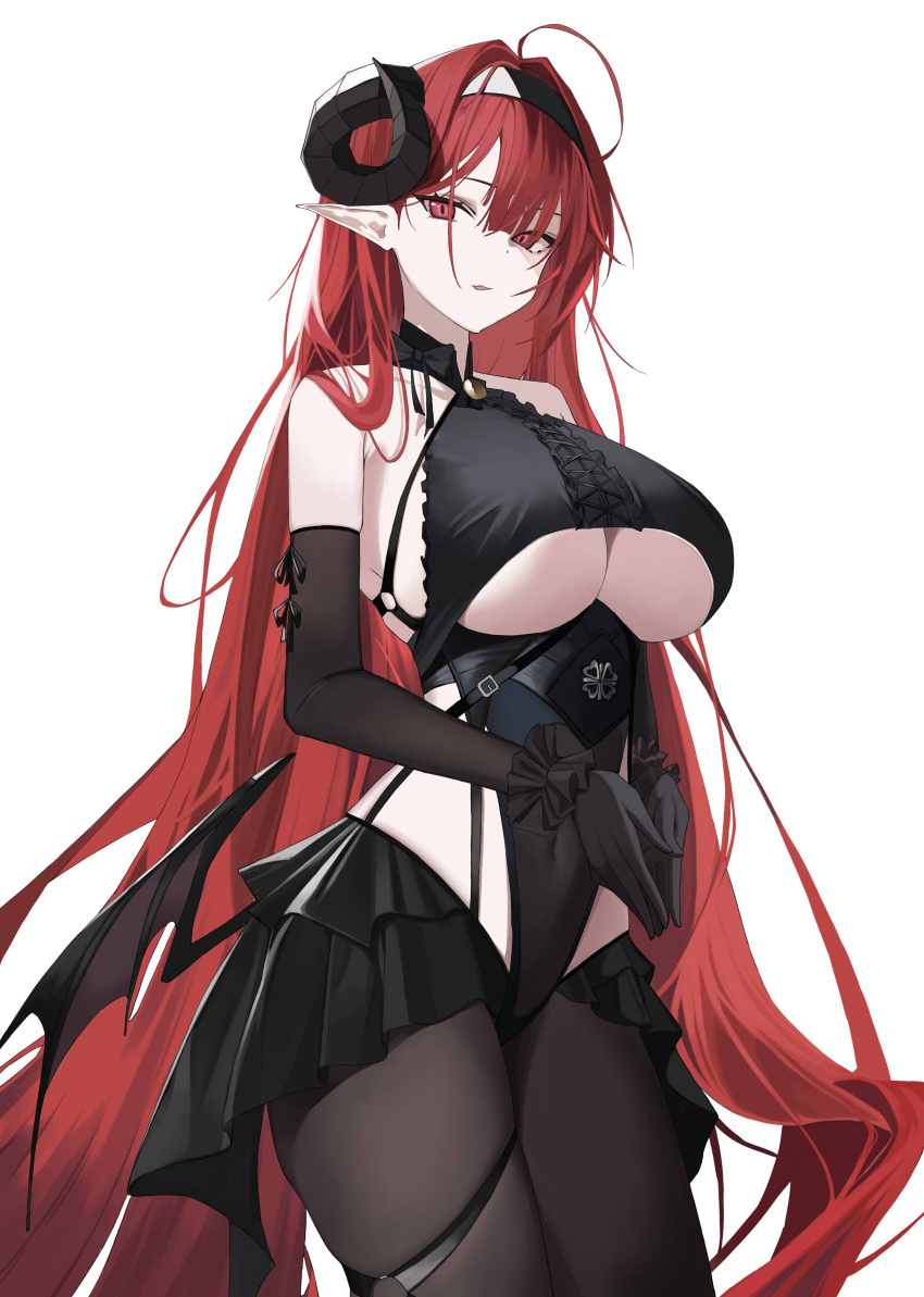 1girl absurdres ahoge azur_lane bare_shoulders black_gloves black_horns breasts center_frills clothing_cutout curled_horns demon_girl duplicate frills gloves heart heart_tail highres hindenburg_(azur_lane) horns kittf large_breasts looking_at_viewer pixel-perfect_duplicate red_eyes red_hair sideboob tail thighs underboob_cutout