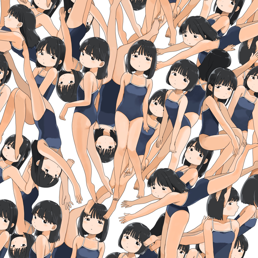 4girls absurdres arm_behind_back arms_at_sides black_eyes black_hair blue_one-piece_swimsuit breasts character_request commentary_request copyright_request from_behind from_side full_body highres knees_to_chest knees_together_feet_apart leaning_forward long_hair looking_at_viewer looking_to_the_side medium_hair multiple_girls multiple_views nagomurasan one-piece_swimsuit open_mouth original short_hair sidelocks small_breasts spaghetti_strap standing swimming swimsuit white_background