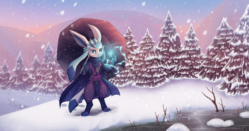 ambiguous_gender anthro cape clawed_fingers clothed clothing digitigrade eeveelution ezpups footprint fully_clothed generation_4_pokemon glaceon handpaw hindpaw nintendo outside paws plant pokemon pokemon_(species) river snow snowflake snowing solo tree umbrella