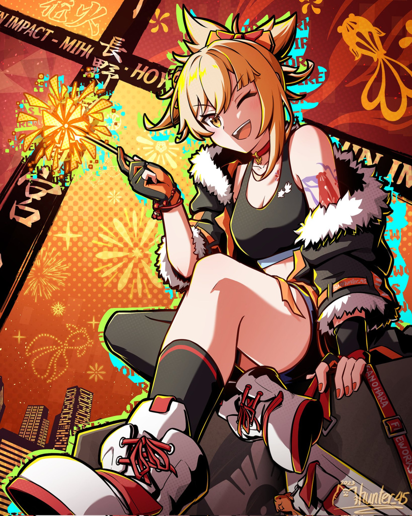 1girl alternate_costume arm_tattoo asymmetrical_gloves black_gloves black_jacket black_shorts black_socks black_tank_top blonde_hair character_name choker commentary company_name copyright_name crop_top english_commentary fingerless_gloves fur-trimmed_jacket fur_trim genshin_impact gloves highres holding_fireworks jacket long_sleeves looking_at_viewer looking_down mhunter_45 midriff mismatched_gloves one_eye_closed open_clothes open_jacket open_mouth orange_nails ponytail red_choker shoes shorts sitting sneakers socks solo tank_top tattoo twitter_username white_footwear yellow_eyes yoimiya_(genshin_impact)