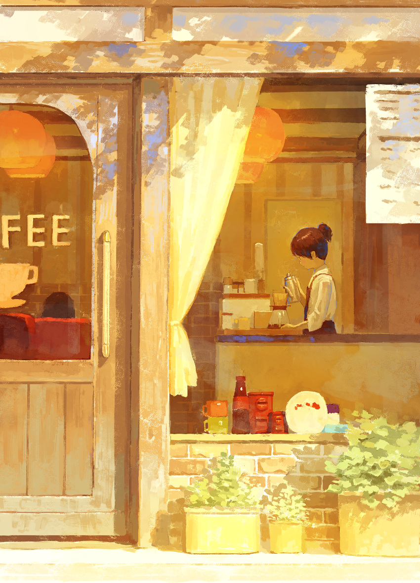 1girl 1other absurdres black_skirt bottle brick_wall brown_hair cafe cup door fjsmu highres holding long_sleeves original plant potted_plant profile shirt short_hair skirt white_shirt