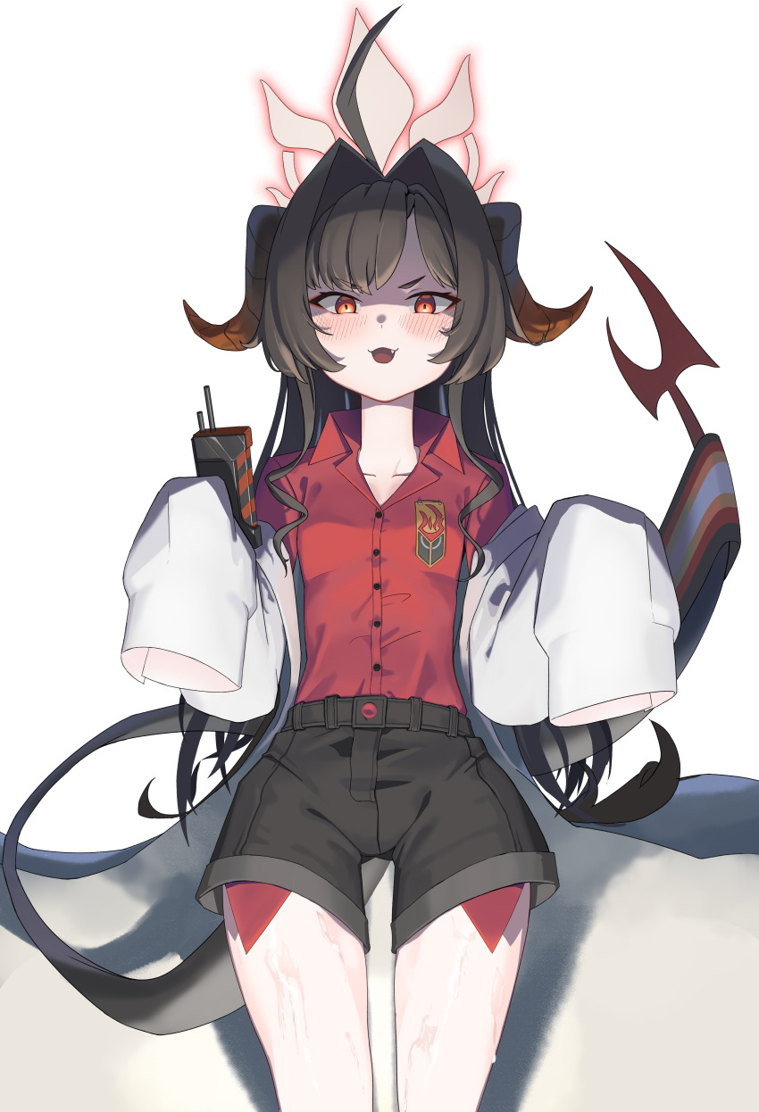 1girl :3 :d absurdres bangs belt black_hair black_shorts blue_archive blush coat collarbone commentary_request controller demon_girl demon_horns demon_tail fang halo highres holding holding_remote_control horns kasumi_(blue_archive) kkami15 long_hair long_sleeves looking_at_viewer parted_bangs red_eyes remote_control school_uniform shaded_face shorts sidelocks simple_background sleeves_past_wrists smile solo tail white_background white_coat