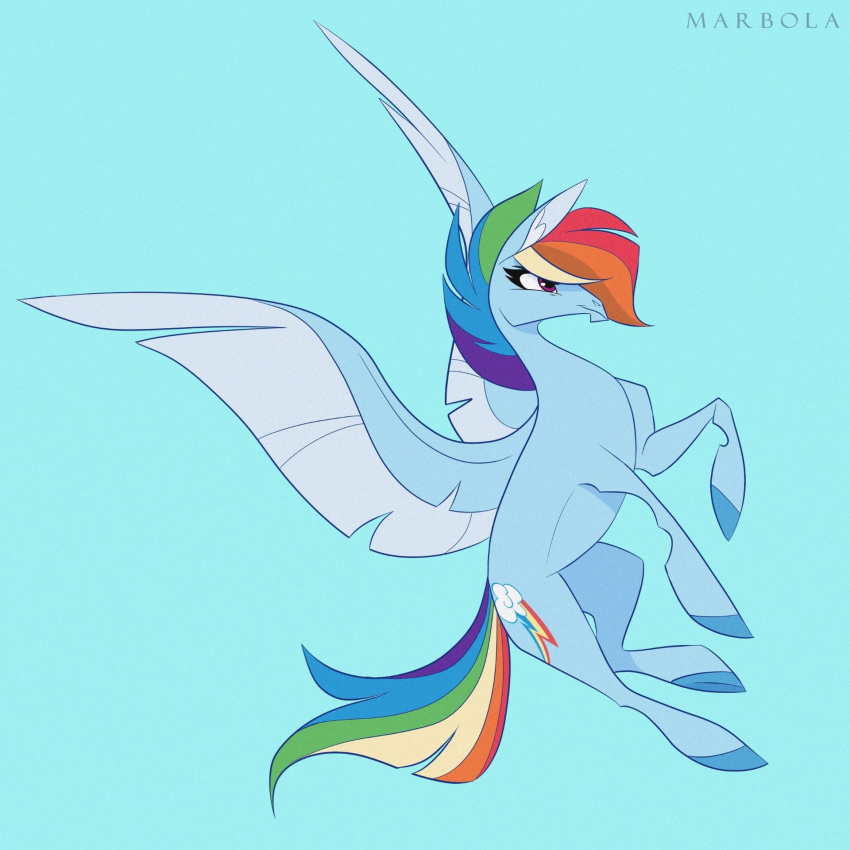 2023 blue_background blue_body blue_feathers blue_fur cutie_mark digital_media_(artwork) dipstick_ears equid equine feathered_wings feathers female feral friendship_is_magic fur hair hasbro hi_res hooves inner_ear_fluff mammal marbola multicolored_ears multicolored_hair multicolored_tail my_little_pony pegasus purple_eyes rainbow_dash_(mlp) rainbow_hair rainbow_tail simple_background smile smirk solo spread_wings tail tuft wings