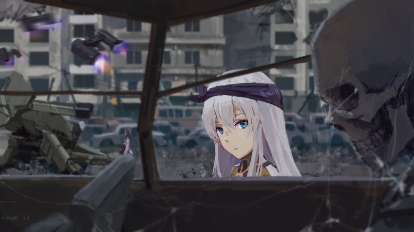 2girls bandana black_bandana blue_eyes blurry building car commentary_request depth_of_field drone expressionless girls'_frontline grey_hair highres hydra_(girls'_frontline) long_hair looking_at_viewer motor_vehicle multiple_girls outdoors ruins silk skeleton spider_web super_sass_(girls'_frontline) upper_body viscum xm3_(girls'_frontline)