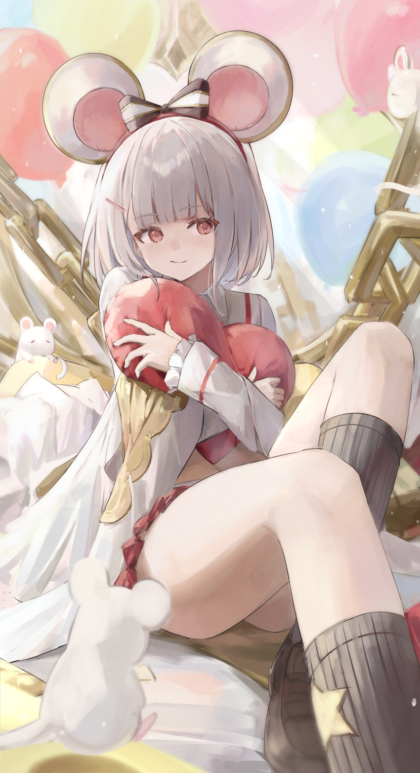 1girl absurdres animal_ears balloon black_footwear black_socks chain closed_mouth fake_animal_ears granblue_fantasy grey_hair hair_ornament hairband hairclip heart heart_pillow highres hugging_object kneehighs knees_up loafers long_sleeves looking_at_viewer mouse mouse_ears pillow pillow_hug red_eyes shiro_wa_(shiroshironix) shirt shoes short_hair sitting smile socks solo vikala_(granblue_fantasy) white_shirt wide_sleeves