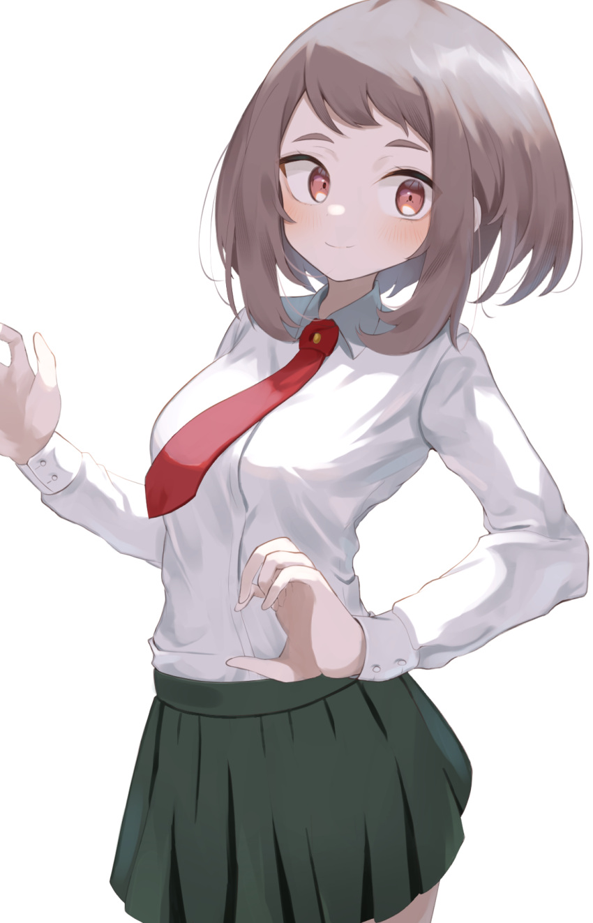 1girl boku_no_hero_academia brown_eyes brown_hair closed_mouth green_skirt highres necktie red_necktie shino2121 shirt short_hair simple_background skirt smile solo uniform uraraka_ochako white_background white_shirt