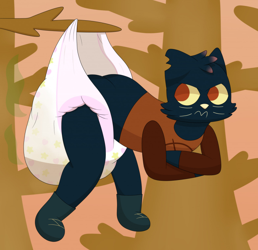 anthro bottomless butt clothed clothing diaper diaper_fetish digital_media_(artwork) domestic_cat feces felid feline felis female full_diaper fur hair hanging_wedgie hi_res mae_borowski mammal messy messy_diaper night_in_the_woods nyxiettenyxstar red_eyes scat smelly soiled soiled_diaper soiling solo stink_lines topwear wearing_diaper wedgie