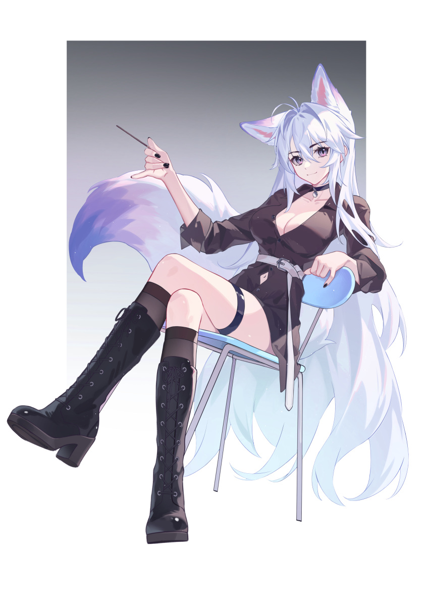 1girl absurdres animal_ears antenna_hair belt black_choker black_footwear black_nails black_shirt black_socks boots border breasts chair choker cleavage clothing_cutout collarbone crossed_legs extra_ears fox_ears fox_girl fox_tail gradient_background grey_background grey_hair hair_between_eyes highres holding holding_stick kirby_d_a knee_boots kneehighs large_breasts leaning_back long_hair long_sleeves looking_at_viewer navel_cutout original pendant_choker pink_eyes shirt sidelocks simple_background sitting smile socks solo stick tail thigh_strap very_long_hair white_belt white_border